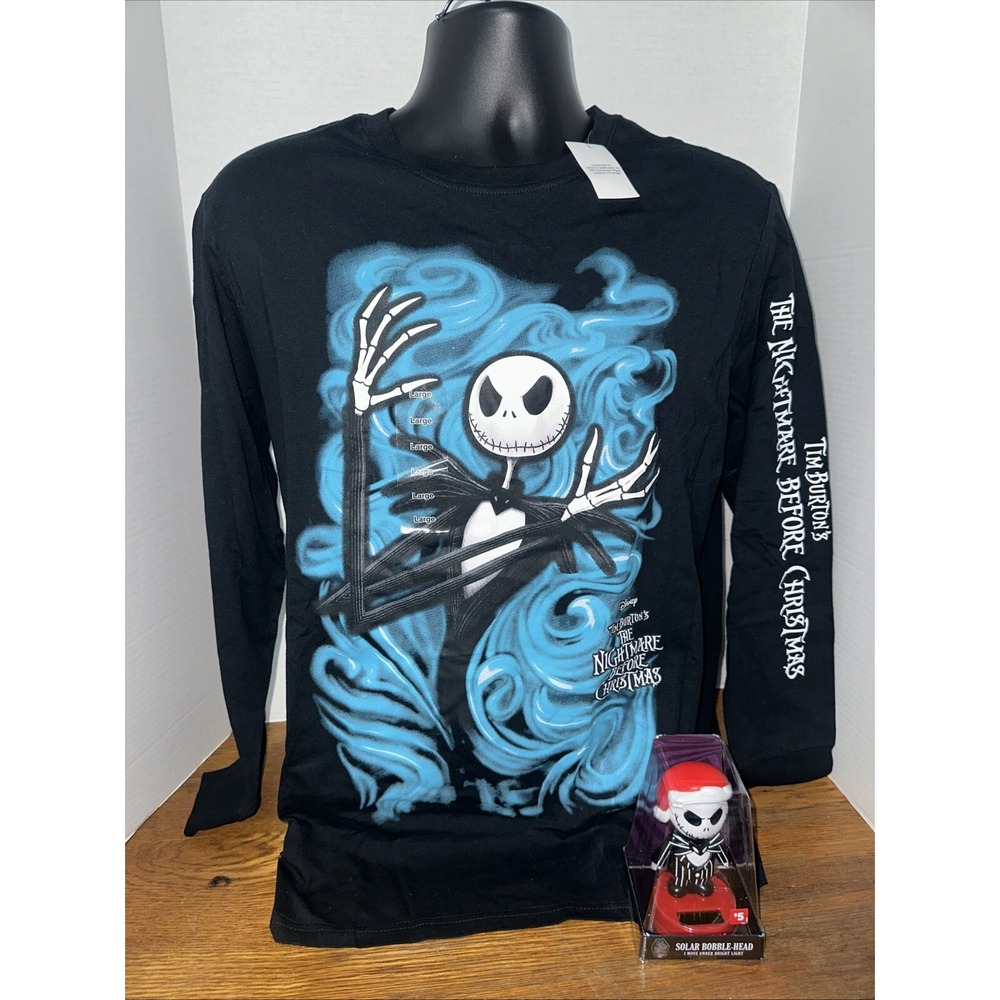 Disney's The Nightmare Before Christmas Long Sleeve Tee Sz L + Solar Bobblehead!